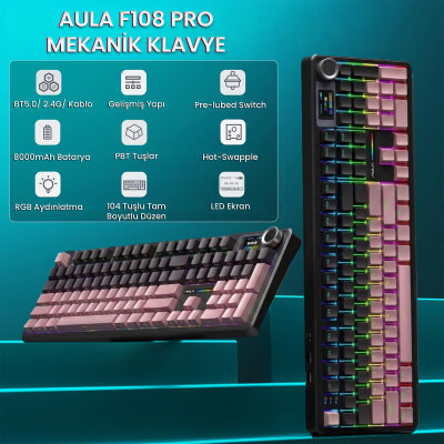 Aula F108 Pro Mekanik Gaming Oyuncu Klavyesi LCD Ekranlı Graywood V3 Switch RGB Hot Swap 8000mAh Makrolu Gradyan Pembe - 2