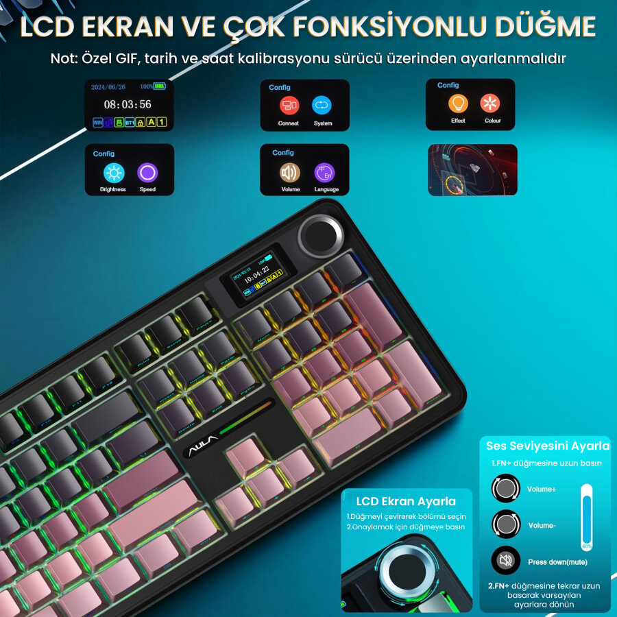 Aula F108 Pro Mekanik Gaming Oyuncu Klavyesi LCD Ekranlı Graywood V3 Switch RGB Hot Swap 8000mAh Makrolu Gradyan Pembe - 3