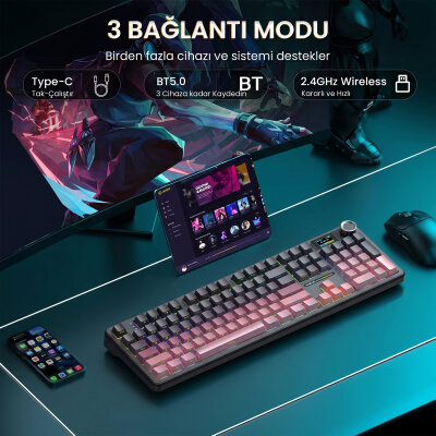 Aula F108 Pro Mekanik Gaming Oyuncu Klavyesi LCD Ekranlı Graywood V3 Switch RGB Hot Swap 8000mAh Makrolu Gradyan Pembe - 4