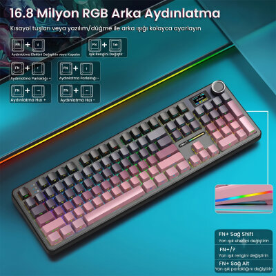 Aula F108 Pro Mekanik Gaming Oyuncu Klavyesi LCD Ekranlı Graywood V3 Switch RGB Hot Swap 8000mAh Makrolu Gradyan Pembe - 5