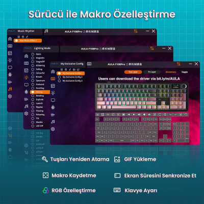 Aula F108 Pro Mekanik Gaming Oyuncu Klavyesi LCD Ekranlı Graywood V3 Switch RGB Hot Swap 8000mAh Makrolu Gradyan Pembe - 6