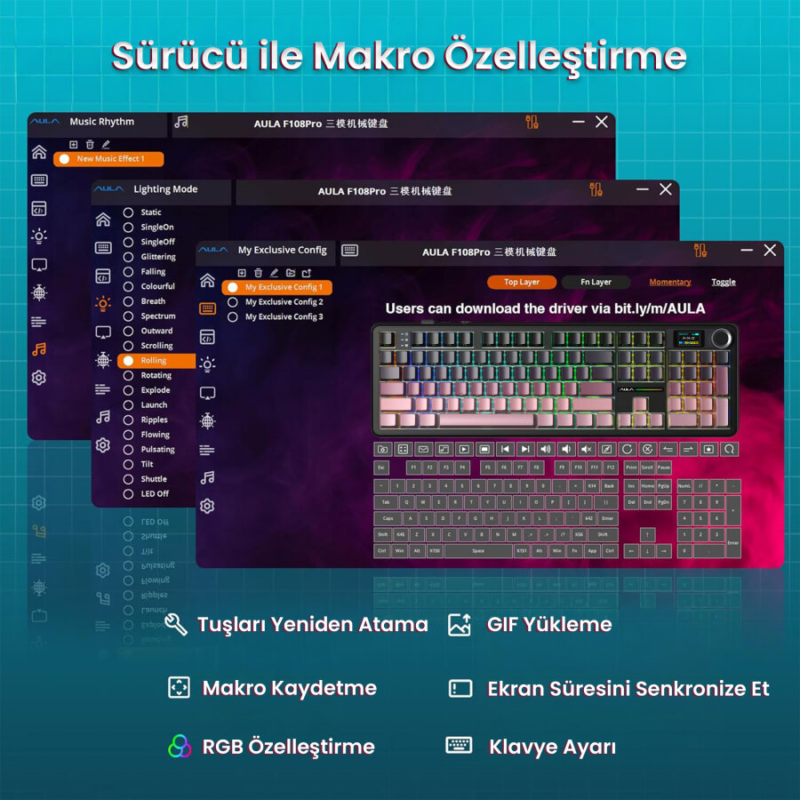 Aula F108 Pro Mekanik Gaming Oyuncu Klavyesi LCD Ekranlı Graywood V3 Switch RGB Hot Swap 8000mAh Makrolu Gradyan Pembe - 6