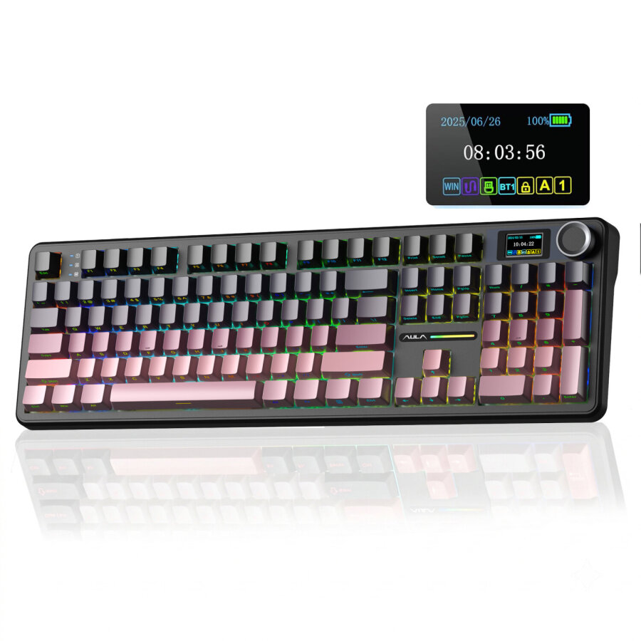 Aula F108 Pro Mekanik Gaming Oyuncu Klavyesi LCD Ekranlı Graywood V3 Switch RGB Hot Swap 8000mAh Makrolu Gradyan Pembe - 1