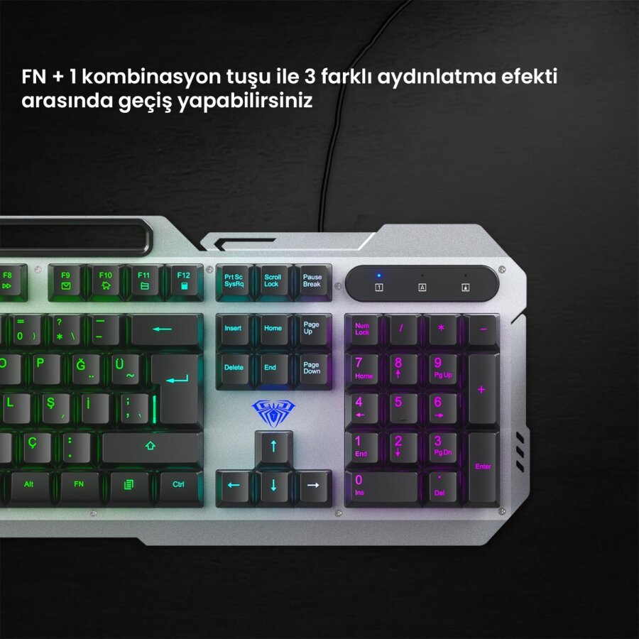 Aula F2023 Gaming Türkçe Q Rainbow Membran 2400DPI Oyuncu Klavye Mouse Set - 5