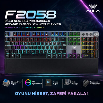 Aula F2058 Bilek Destekli RGB Makrolu Mekanik Kablolu Oyuncu Klavyesi - 2
