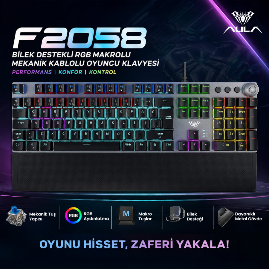 Aula F2058 Bilek Destekli RGB Makrolu Mekanik Kablolu Oyuncu Klavyesi - 2