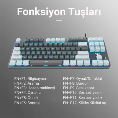 Aula F3287 Mavi Işıklı Kablolu Mekanik İngilizce Q TKL Gaming Oyuncu Klavyesi Gri - 6
