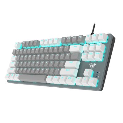 Aula F3287 Mavi Işıklı Kablolu Mekanik İngilizce Q TKL Gaming Oyuncu Klavyesi Gri