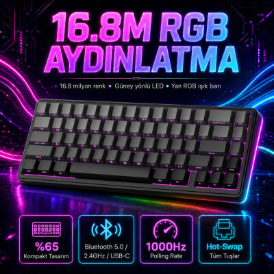 Aula F65 GrayWood V3 Switch Mekanik RGB TKL Makrolu Hot Swap Kablosuz Klavye Gri - 3