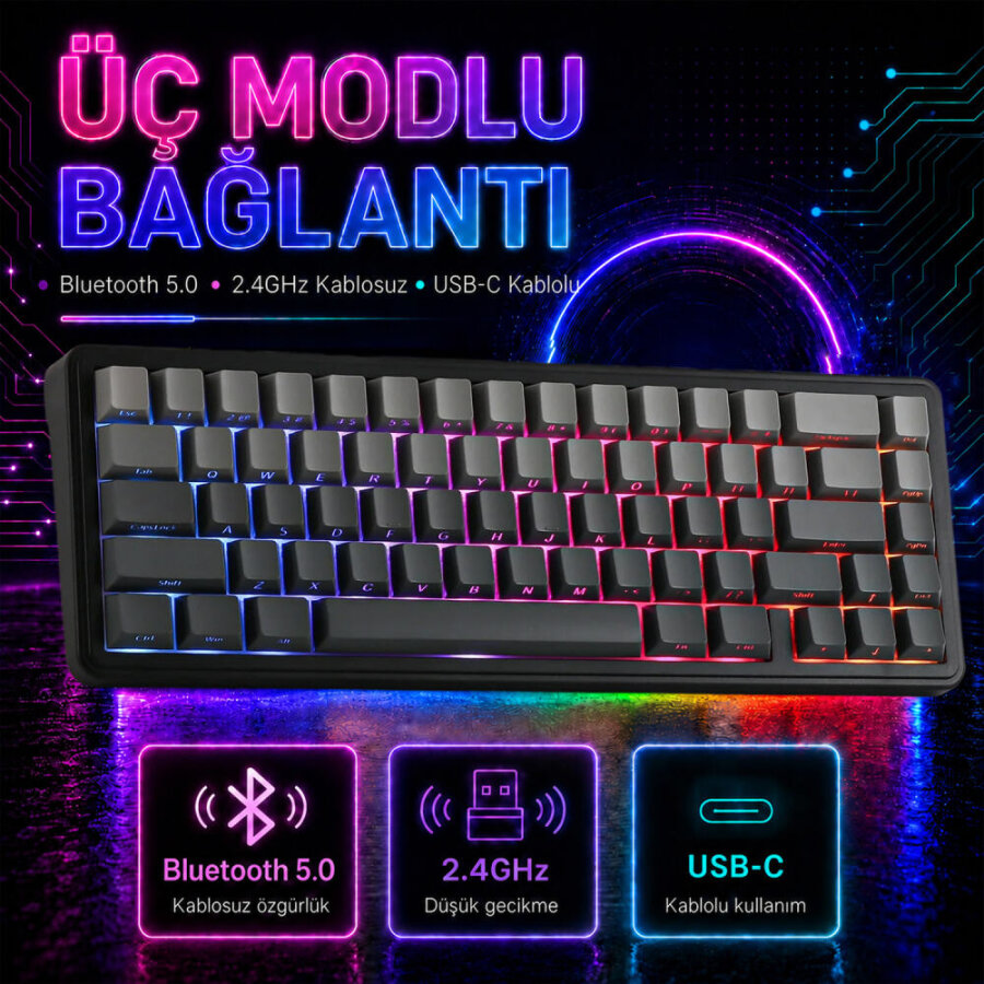 Aula F65 GrayWood V3 Switch Mekanik RGB TKL Makrolu Hot Swap Kablosuz Klavye Gri - 4