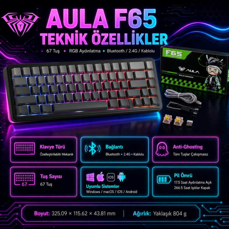 Aula F65 GrayWood V3 Switch Mekanik RGB TKL Makrolu Hot Swap Kablosuz Klavye Gri - 7