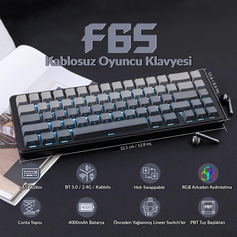 Aula F65 GrayWood V3 Switch Mekanik RGB TKL Makrolu Hot Swap Kablosuz Klavye Gri - 2