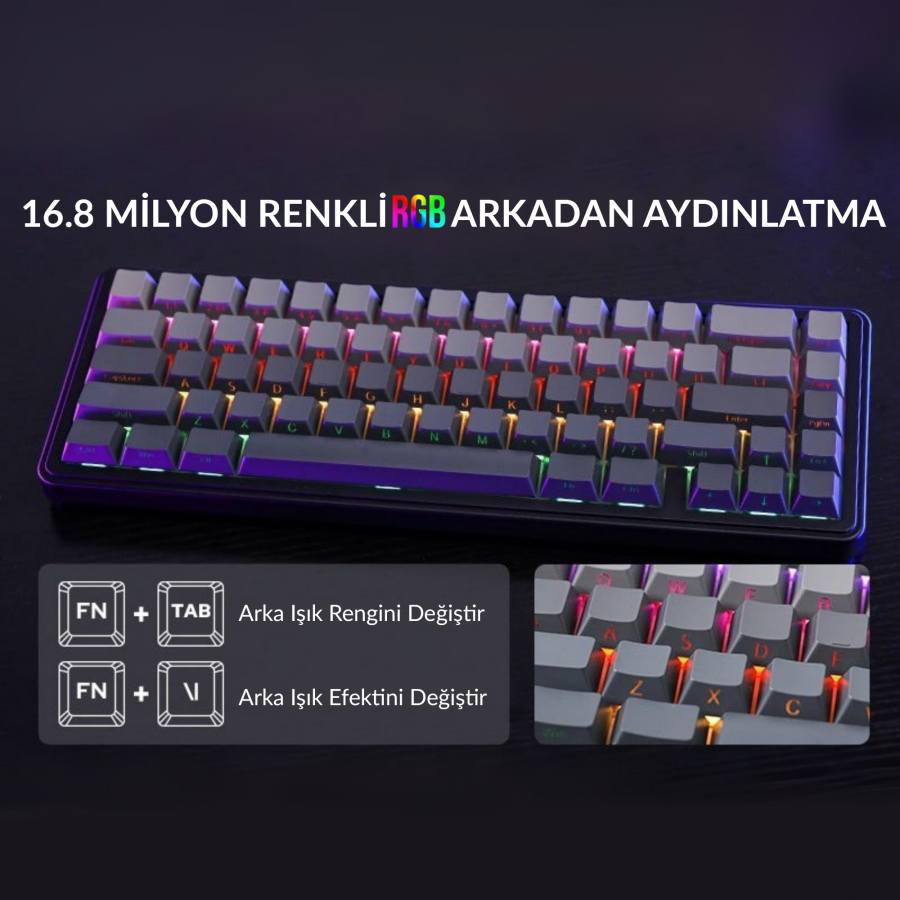 Aula F65 GrayWood V3 Switch Mekanik RGB TKL Makrolu Hot Swap Kablosuz Klavye Gri - 5