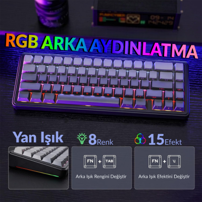 Aula F65 GrayWood V3 Switch Mekanik RGB TKL Makrolu Hot Swap Kablosuz Klavye Gri - 3