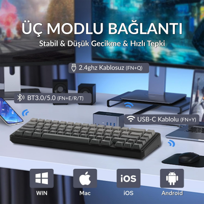 Aula F65 GrayWood V3 Switch Mekanik RGB TKL Makrolu Hot Swap Kablosuz Klavye Gri - 4
