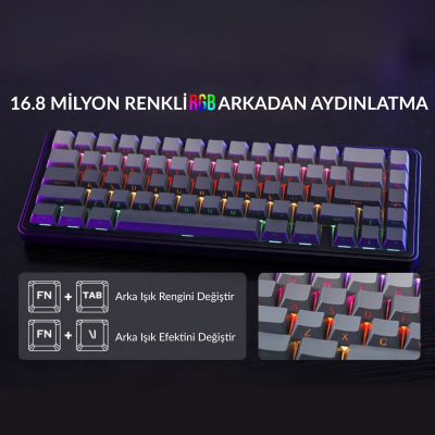 Aula F65 GrayWood V3 Switch Mekanik RGB TKL Makrolu Hot Swap Kablosuz Klavye Gri - 5