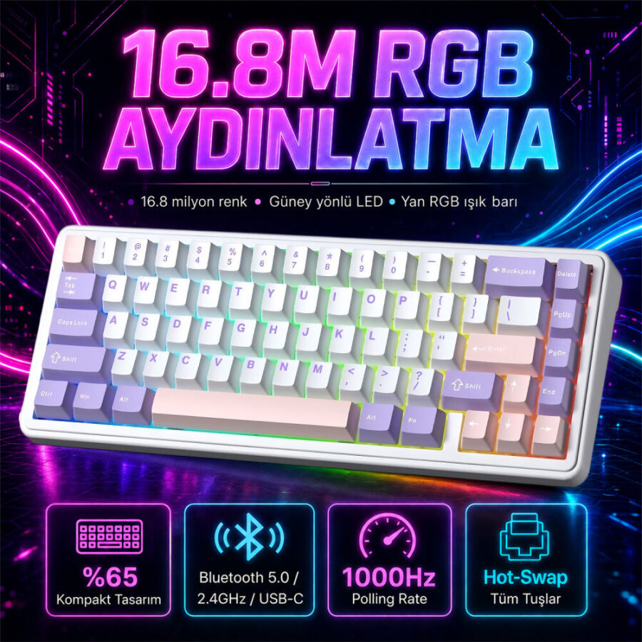 Aula F65 Nimbus V3 Switch Mekanik RGB TKL Makrolu Hot Swap Kablosuz Klavye Pastel - 3