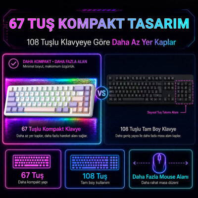 Aula F65 Nimbus V3 Switch Mekanik RGB TKL Makrolu Hot Swap Kablosuz Klavye Pastel - 6