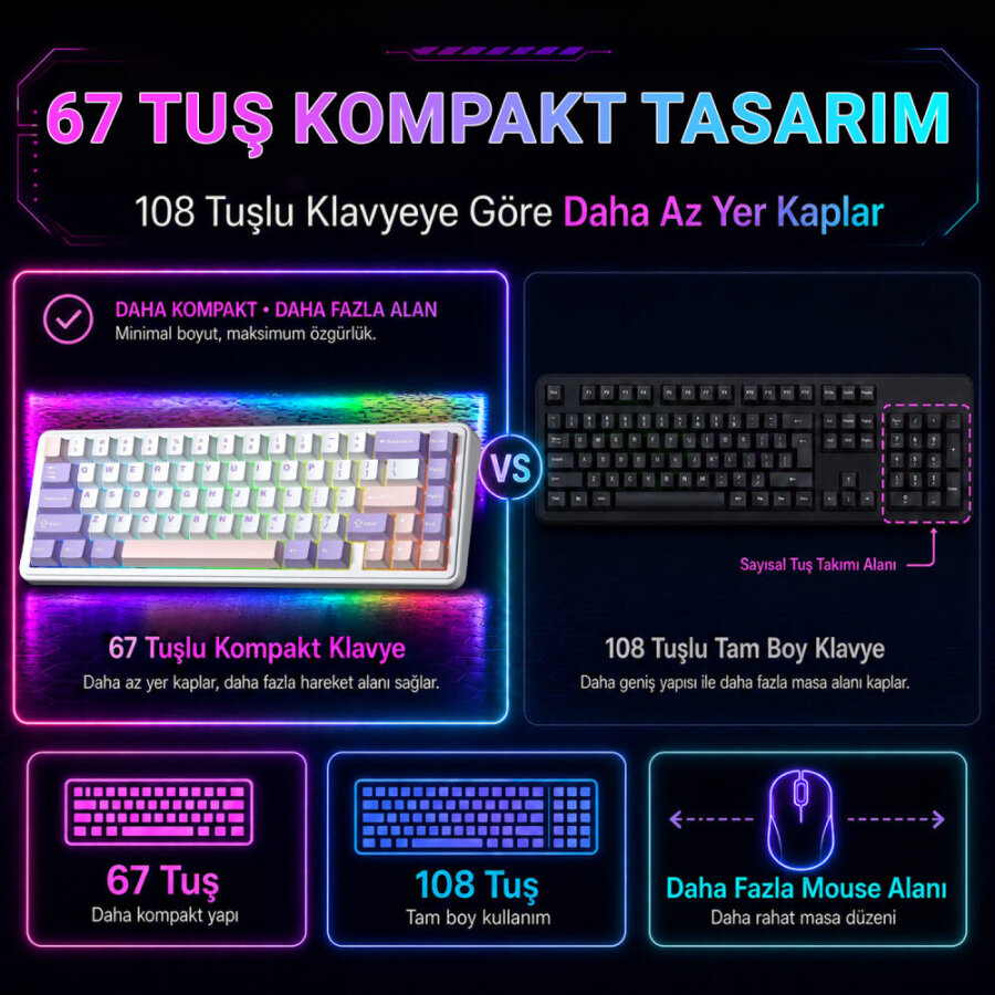 Aula F65 Nimbus V3 Switch Mekanik RGB TKL Makrolu Hot Swap Kablosuz Klavye Pastel - 6