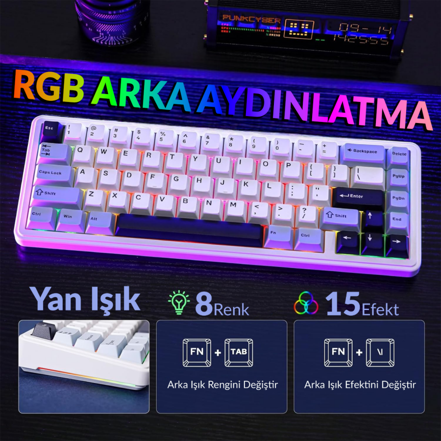 Aula F65 Reaper Switch Mekanik RGB TKL Makrolu Hot Swap Kablosuz Klavye Buz Mavisi - 3