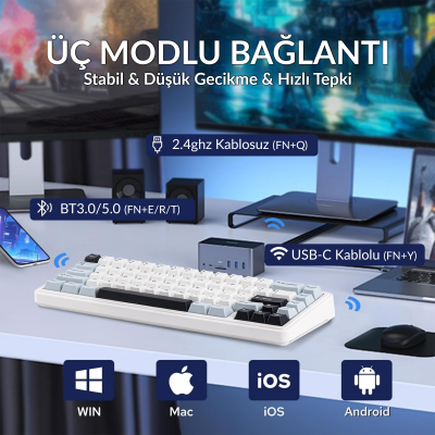 Aula F65 Reaper Switch Mekanik RGB TKL Makrolu Hot Swap Kablosuz Klavye Buz Mavisi - 4