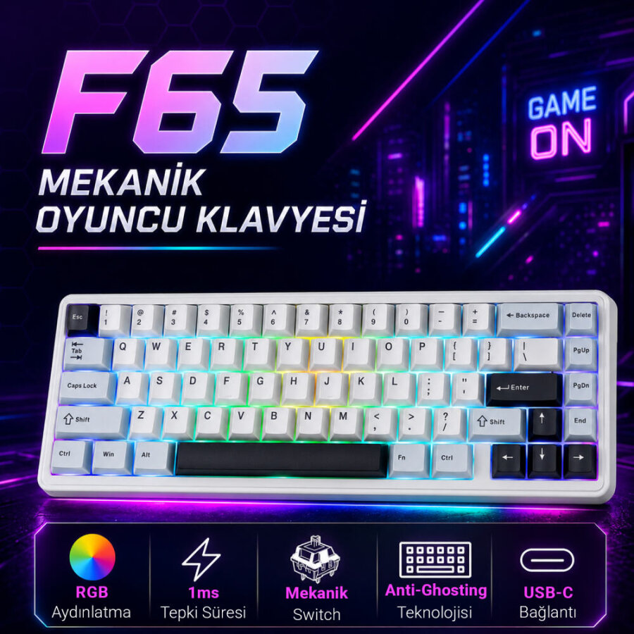 Aula F65 Reaper Switch Mekanik RGB TKL Makrolu Hot Swap Kablosuz Klavye Buz Mavisi - 2