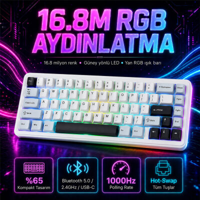 Aula F65 Reaper Switch Mekanik RGB TKL Makrolu Hot Swap Kablosuz Klavye Buz Mavisi - 3