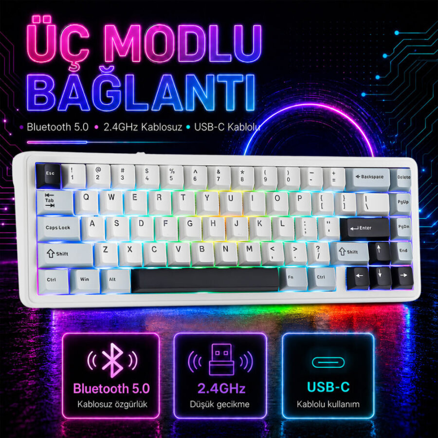 Aula F65 Reaper Switch Mekanik RGB TKL Makrolu Hot Swap Kablosuz Klavye Buz Mavisi - 4