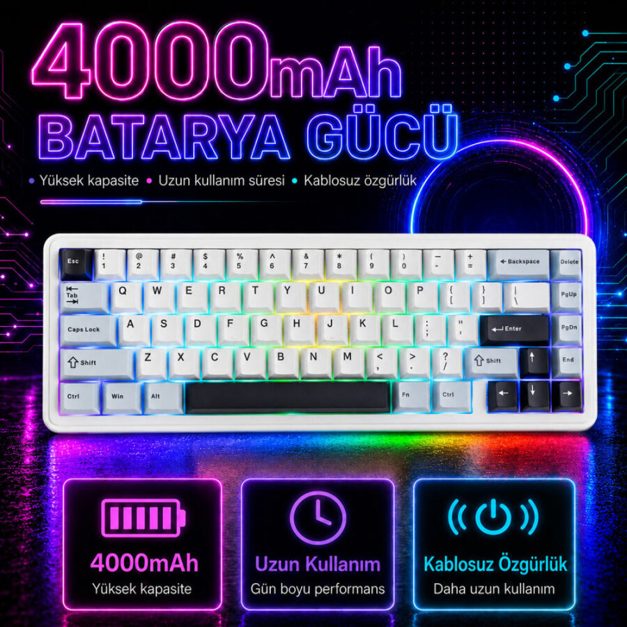 Aula F65 Reaper Switch Mekanik RGB TKL Makrolu Hot Swap Kablosuz Klavye Buz Mavisi - 5