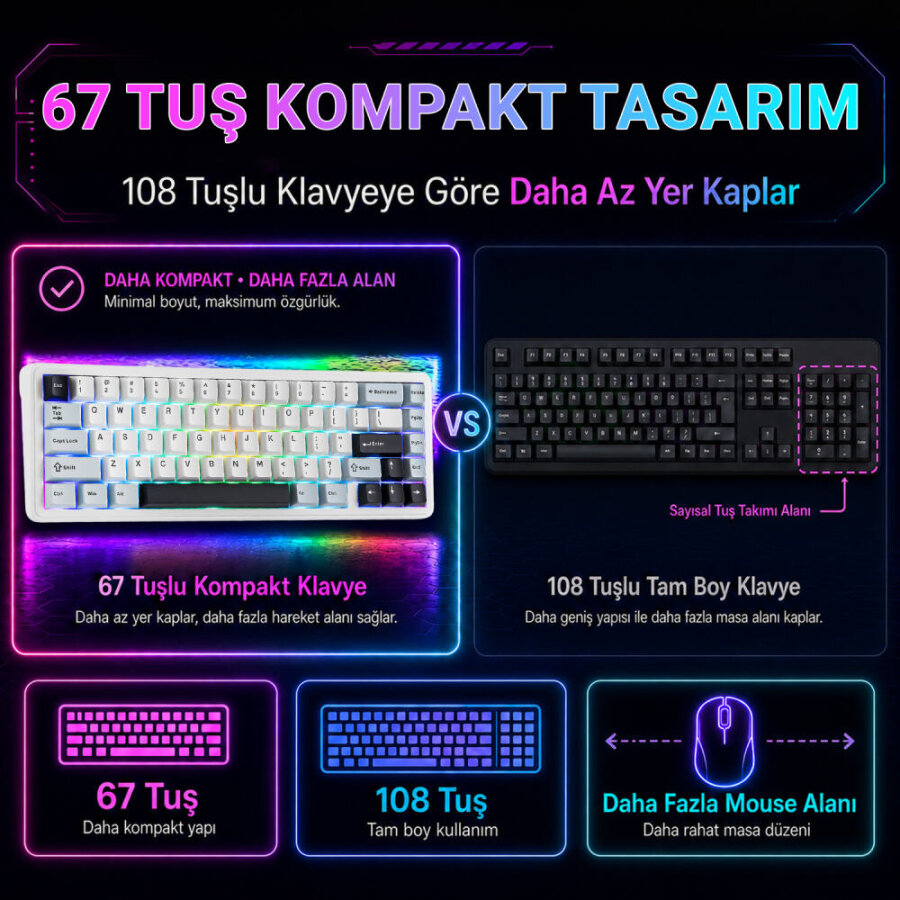 Aula F65 Reaper Switch Mekanik RGB TKL Makrolu Hot Swap Kablosuz Klavye Buz Mavisi - 6