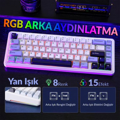 Aula F65 Reaper Switch Mekanik RGB TKL Makrolu Hot Swap Kablosuz Klavye Buz Mavisi - 3