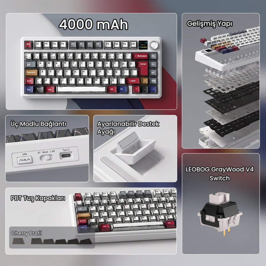 Aula F75 Max Mekanik Gaming Oyuncu Klavyesi TKL RGB GrayWood V4 Switch Kablosuz Makrolu Hot Swap Türkçe Q Comic - 2