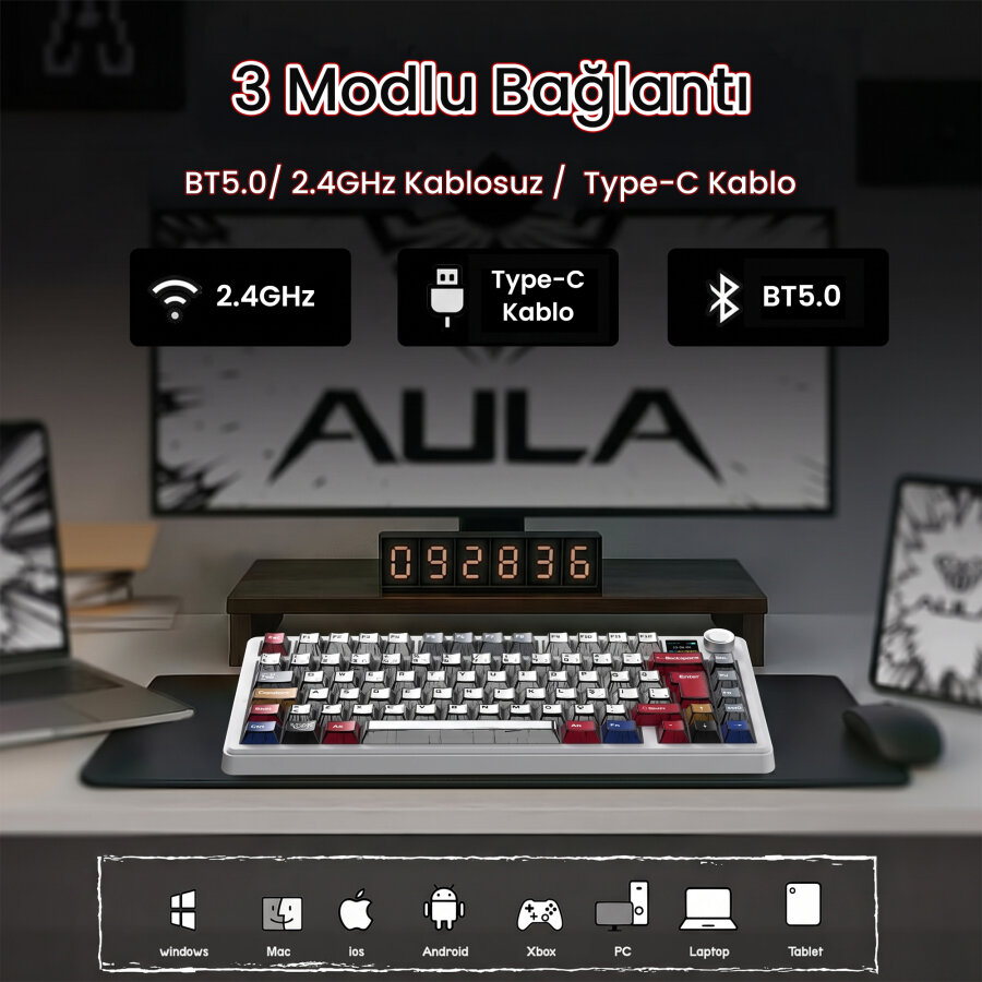 Aula F75 Max Mekanik Gaming Oyuncu Klavyesi TKL RGB GrayWood V4 Switch Kablosuz Makrolu Hot Swap Türkçe Q Comic - 3