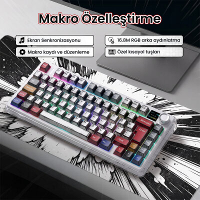 Aula F75 Max Mekanik Gaming Oyuncu Klavyesi TKL RGB GrayWood V4 Switch Kablosuz Makrolu Hot Swap Türkçe Q Comic - 4