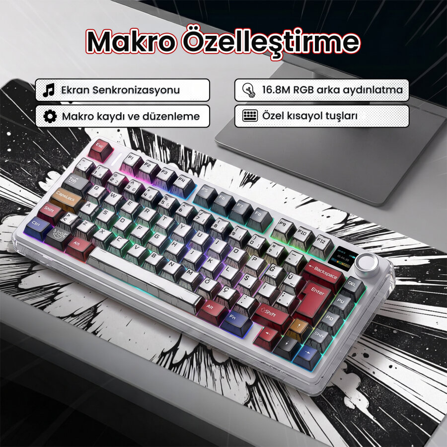Aula F75 Max Mekanik Gaming Oyuncu Klavyesi TKL RGB GrayWood V4 Switch Kablosuz Makrolu Hot Swap Türkçe Q Comic - 4