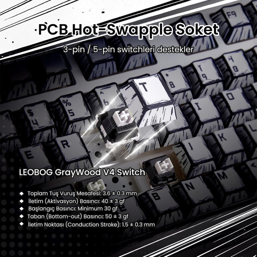 Aula F75 Max Mekanik Gaming Oyuncu Klavyesi TKL RGB GrayWood V4 Switch Kablosuz Makrolu Hot Swap Türkçe Q Comic - 6