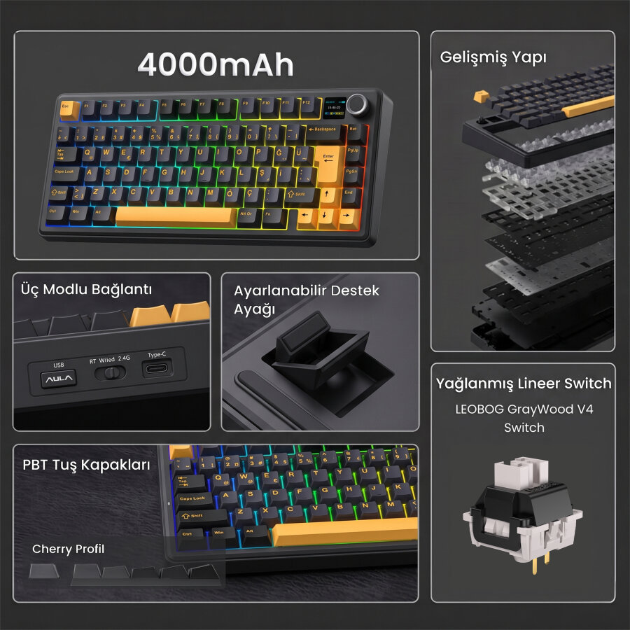 Aula F75 Max Mekanik Gaming Oyuncu Klavyesi TKL RGB GrayWood V4 Switch Kablosuz Makrolu Hot Swap Türkçe Q Siyah - 2