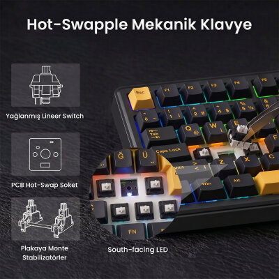 Aula F75 Max Mekanik Gaming Oyuncu Klavyesi TKL RGB GrayWood V4 Switch Kablosuz Makrolu Hot Swap Türkçe Q Siyah - 4