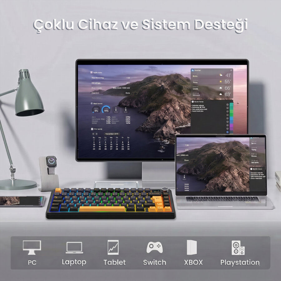 Aula F75 Max Mekanik Gaming Oyuncu Klavyesi TKL RGB GrayWood V4 Switch Kablosuz Makrolu Hot Swap Türkçe Q Siyah - 5