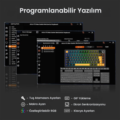Aula F75 Max Mekanik Gaming Oyuncu Klavyesi TKL RGB GrayWood V4 Switch Kablosuz Makrolu Hot Swap Türkçe Q Siyah - 6