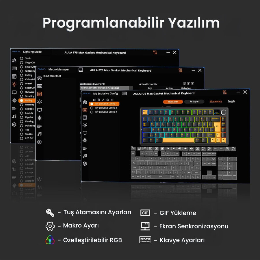 Aula F75 Max Mekanik Gaming Oyuncu Klavyesi TKL RGB GrayWood V4 Switch Kablosuz Makrolu Hot Swap Türkçe Q Siyah - 6