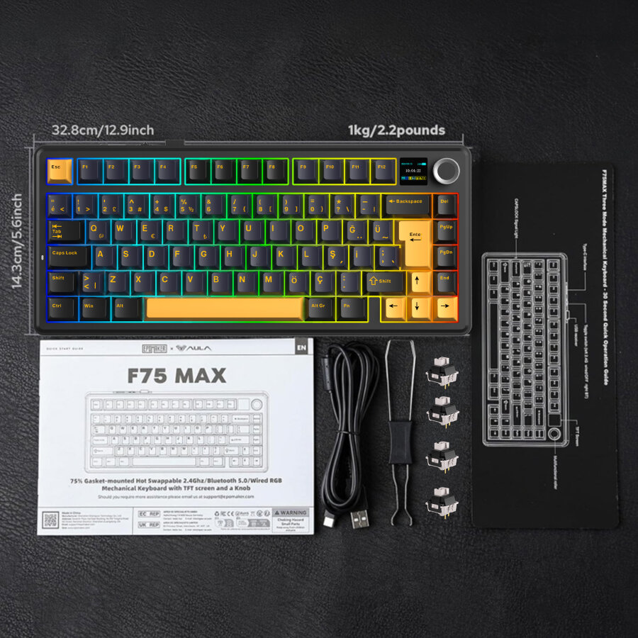 Aula F75 Max Mekanik Gaming Oyuncu Klavyesi TKL RGB GrayWood V4 Switch Kablosuz Makrolu Hot Swap Türkçe Q Siyah - 7