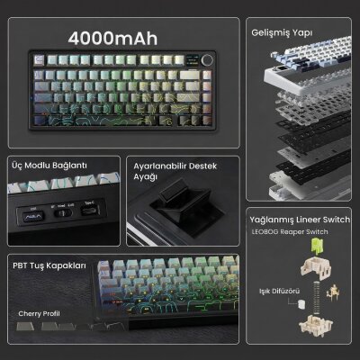 Aula F75 Max Mekanik Kablosuz ve Kablolu Gaming Oyuncu Klavyesi RGB TKL Reaper Switch Hot Swap Makrolu Desenli Siyah - 2