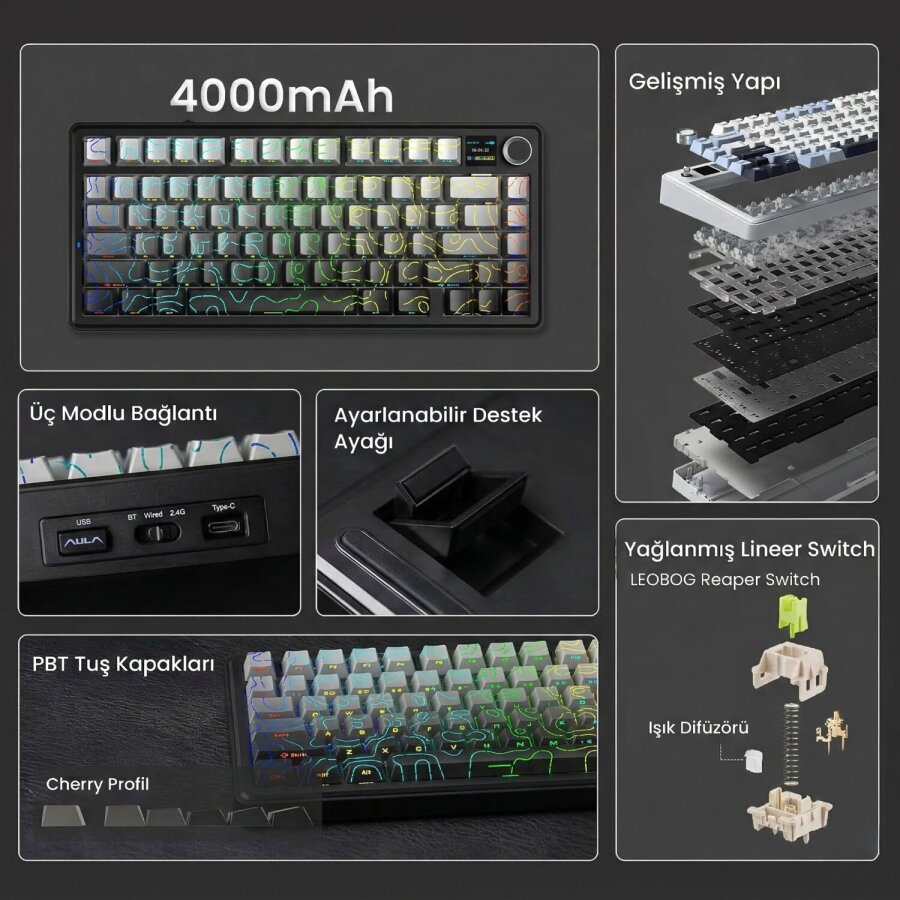 Aula F75 Max Mekanik Kablosuz ve Kablolu Gaming Oyuncu Klavyesi RGB TKL Reaper Switch Hot Swap Makrolu Desenli Siyah - 2