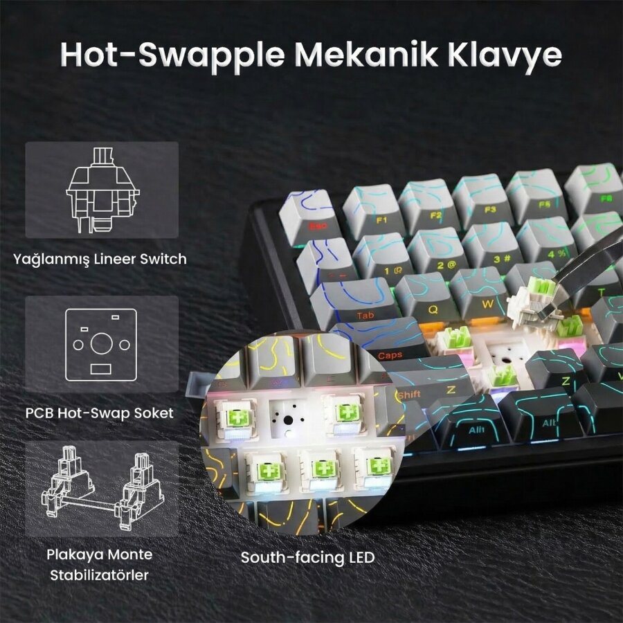 Aula F75 Max Mekanik Kablosuz ve Kablolu Gaming Oyuncu Klavyesi RGB TKL Reaper Switch Hot Swap Makrolu Desenli Siyah - 3