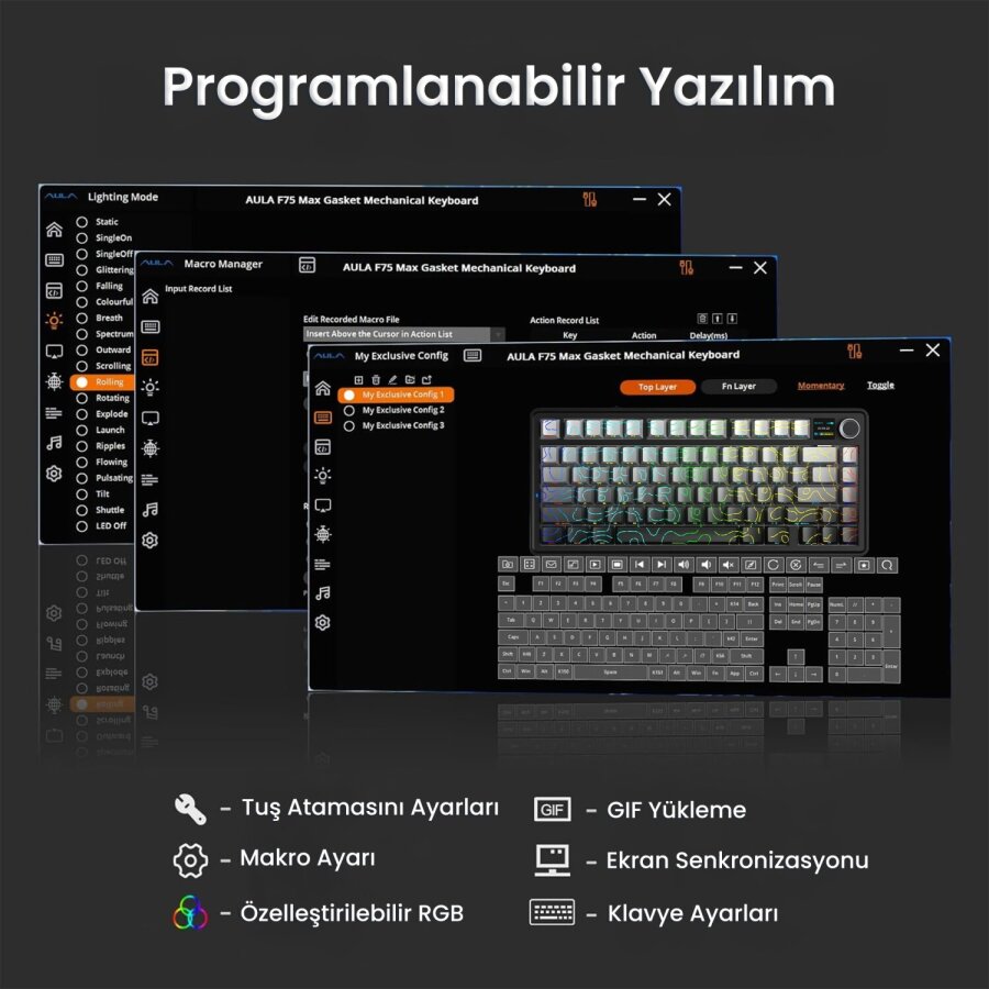 Aula F75 Max Mekanik Kablosuz ve Kablolu Gaming Oyuncu Klavyesi RGB TKL Reaper Switch Hot Swap Makrolu Desenli Siyah - 7