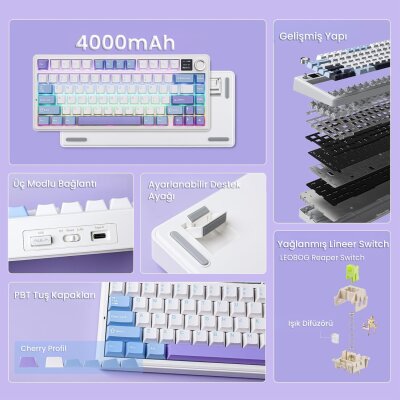 Aula F75 Max Mekanik Kablosuz ve Kablolu Gaming Oyuncu Klavyesi RGB TKL Reaper Switch Hot Swap Makrolu Mor - 2