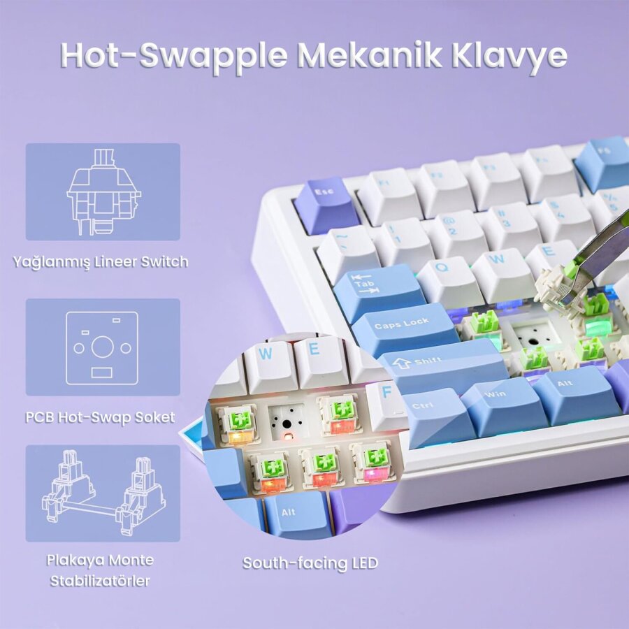 Aula F75 Max Mekanik Kablosuz ve Kablolu Gaming Oyuncu Klavyesi RGB TKL Reaper Switch Hot Swap Makrolu Mor - 3