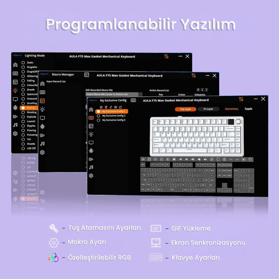 Aula F75 Max Mekanik Kablosuz ve Kablolu Gaming Oyuncu Klavyesi RGB TKL Reaper Switch Hot Swap Makrolu Mor - 7