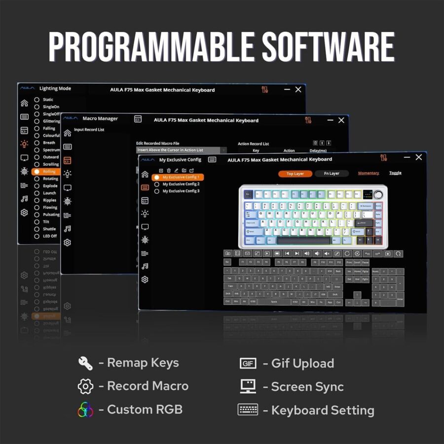 Aula F75 Max Mekanik RGB TKL Reaper Switch Kablosuz Makrolu Hot Swap Klavye Lacivert - 6